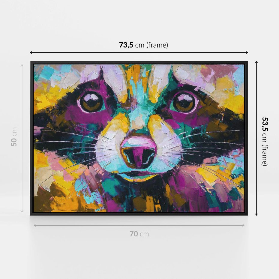 Obraz w ramie 70x50 - Przebudzenie snu artysty - zbliżenie, kolorowy portret szopa pracza - rama czarna