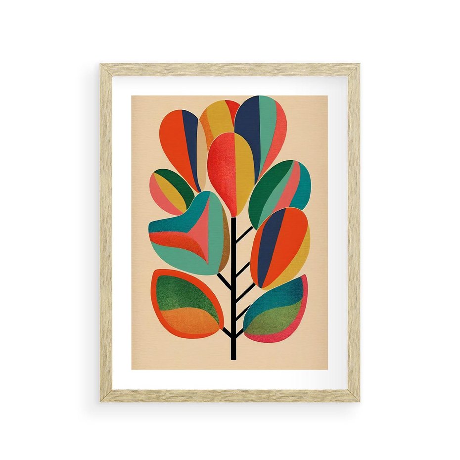 Plakat w ramie 30x40 - Wnętrza Kształtów - abstrakcyjny kolorowy tęczowy obraz, inspiracje roślinne - rama drewno