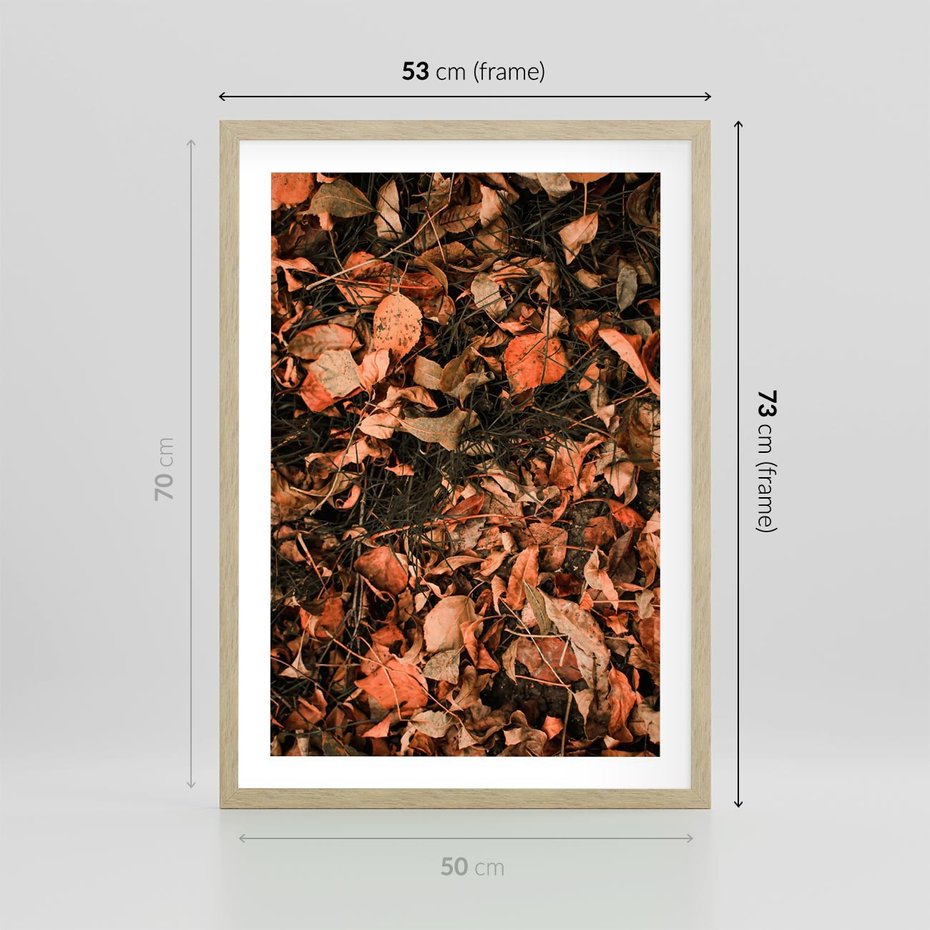 Plakat w ramie 50x70 - Jesienny Splot: Pomarańczowe Liście - liście, pomarańczowe suche liście - rama drewno
