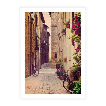 Plakat bez ramy 21x30 - Rowerowa przygoda w uliczkach pełnych perspektywy - uliczka, perspektywa