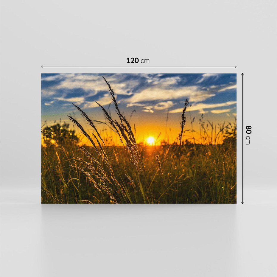 Obraz na płótnie 120x80 - "Zachód Słońca, Łąka - Magiczna Aura - zachód, słońca