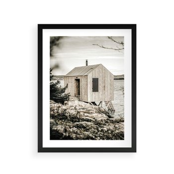 Plakat w ramie 40x50 - Nostalgiczna Oaza - rustykalny domek, domek nad jeziorem - rama czarna