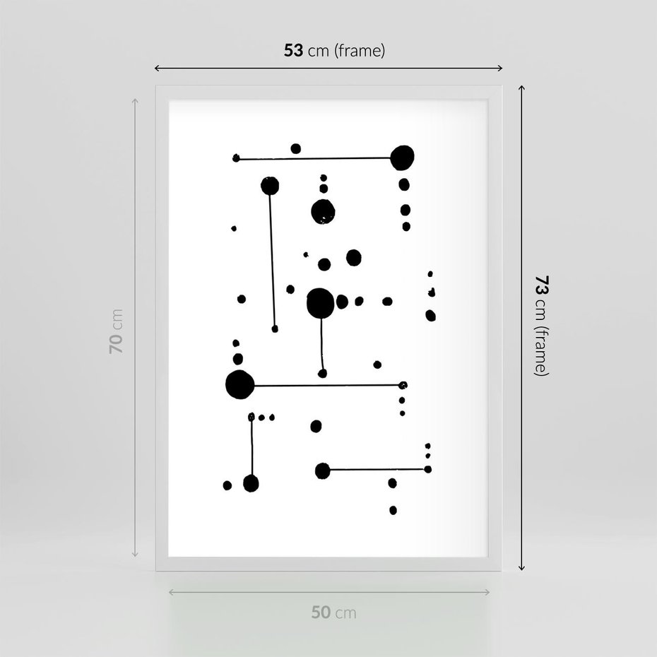 Plakat w ramie 50x70 - Nocne Zawirowania - abstrakcyjny plakat, czarne kropki i kreski - rama biała