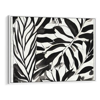 Obraz w ramie 100x70 - Czarne Liście - akwarelowy obraz, czarno biały - rama biała