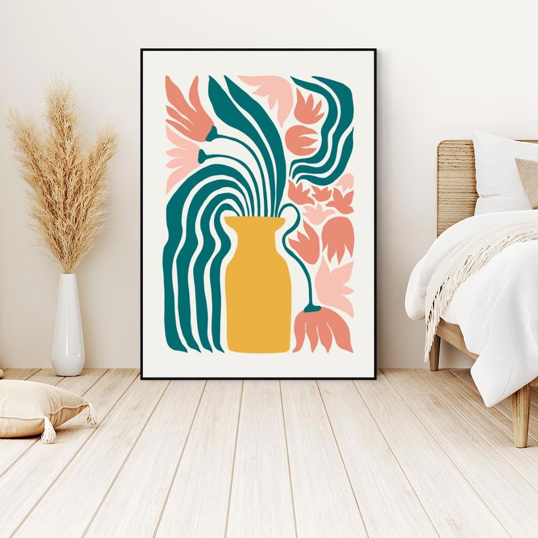 Obraz w ramie 50x70 - Kolorowe Pasmo - abstrakcyjne kwiaty w wazonie, pdastelowe kolory - rama czarna