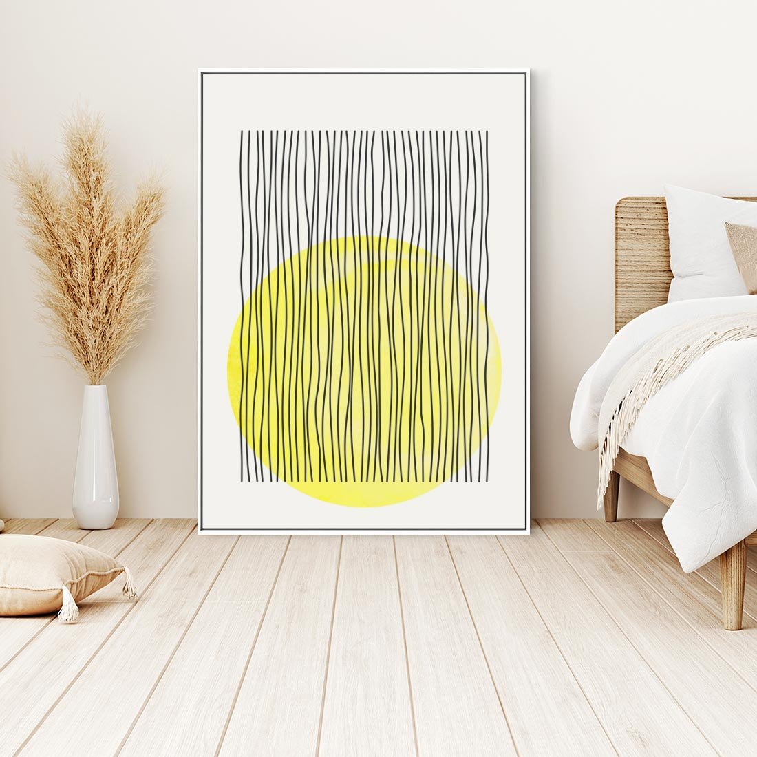 Obraz w ramie 70x100 - Ciepłe Przenikanie - geometria, żółte koło - rama biała
