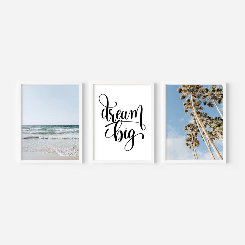 Zestaw obrazy w ramie 50x70 galeria - Dream, big, palmy, morze - rama biała