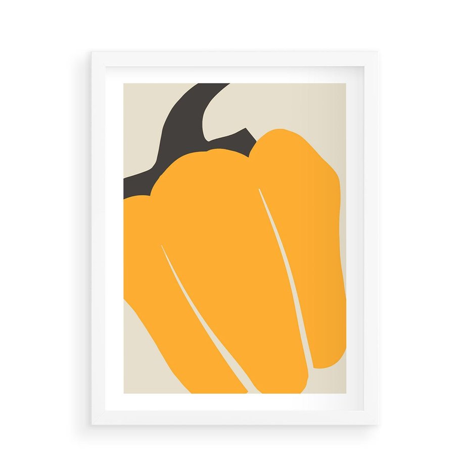 Plakat w ramie 50x70 - Migocące Formy - abstrakcyjny minimalistyczny obraz, żółta papryczka - rama biała