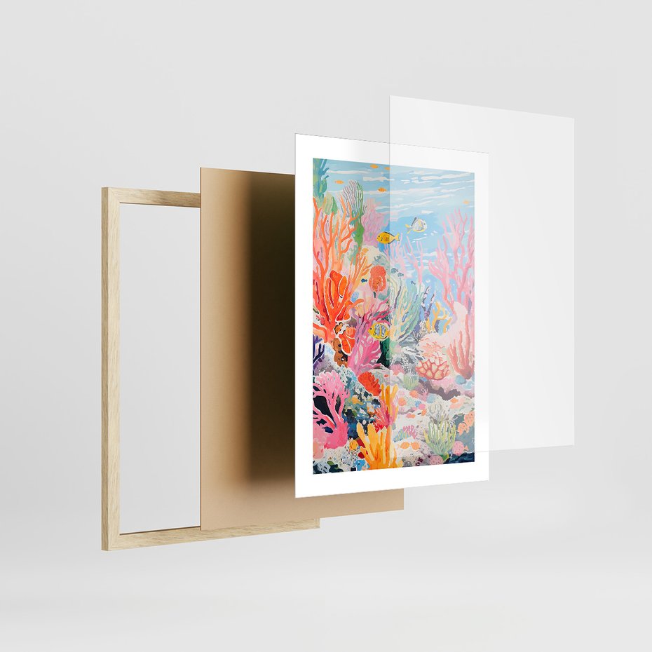Zestaw obrazy w ramie 50x70 galeria - morze, rybki, akwarela, rafa, koralowa - rama drewno