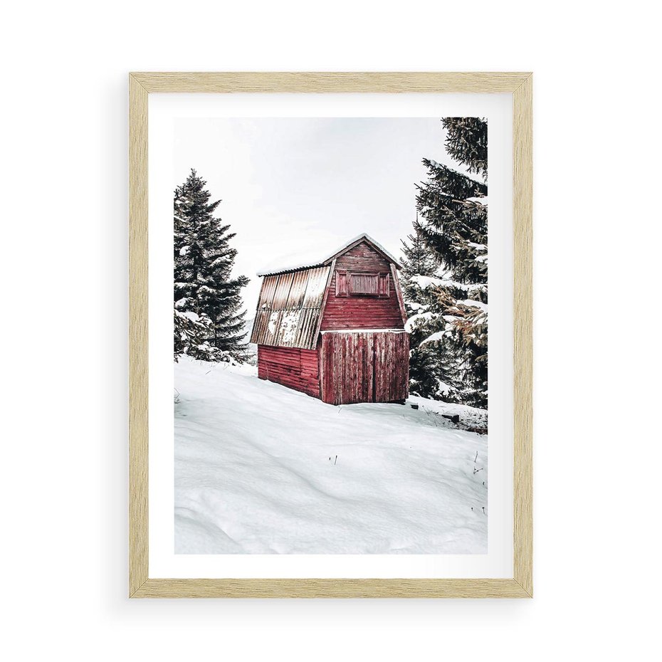 Plakat w ramie 50x70 - Domek w Śnieżnych Górach - domek, góry - rama drewno