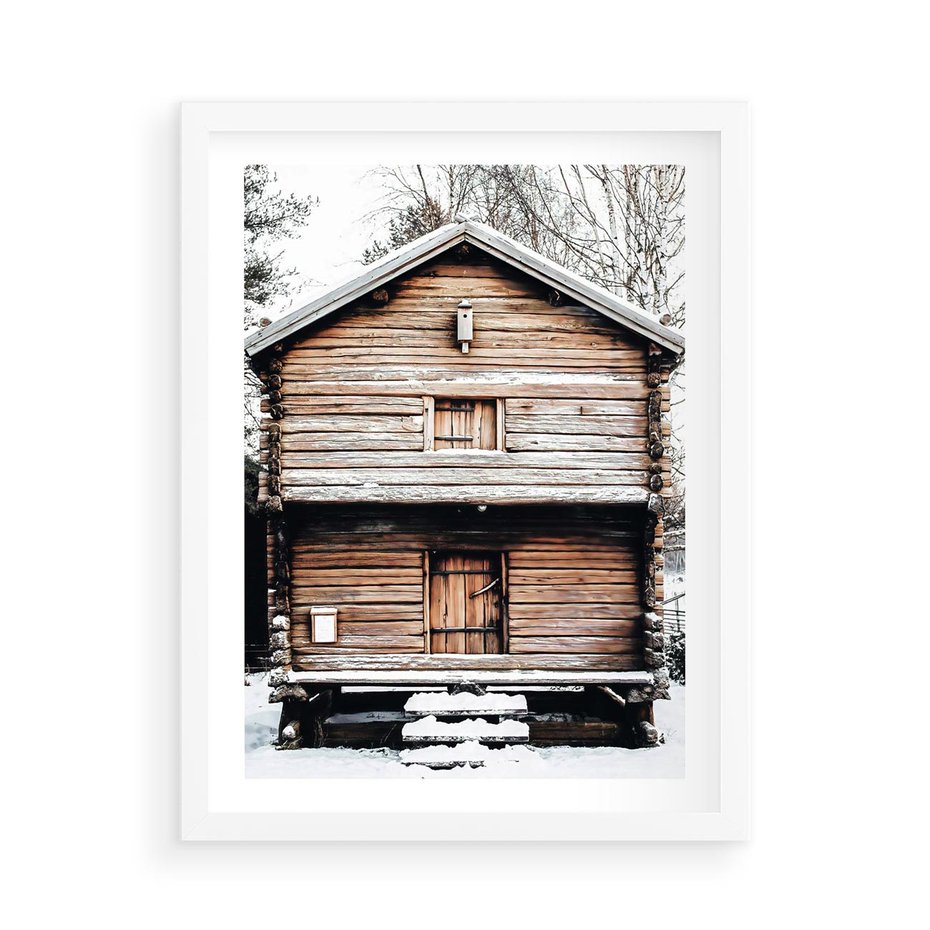 Plakat w ramie 50x70 - Śnieżny Ustronny Raj - domek w górach, śnieg - rama biała