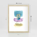 Plakat w ramie 30x40 - Taniec Akwarelowych Kresek - akwarelowe plamy w odcieniach błękitu, złote kreski - rama drewno