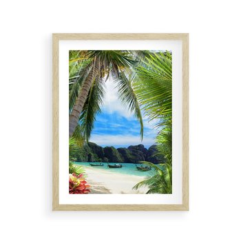Plakat w ramie 30x40 - Palmy tańczące na tropikalnej plaży - palmy, plaża - rama drewno