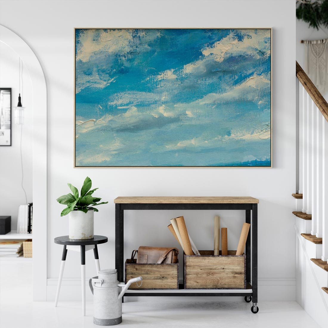 Obraz w ramie 100x70 - Oddechy niebiańskiej materii - olejny obraz, smugi farby przypominają obłoki na błękitnym niebie - rama drewno