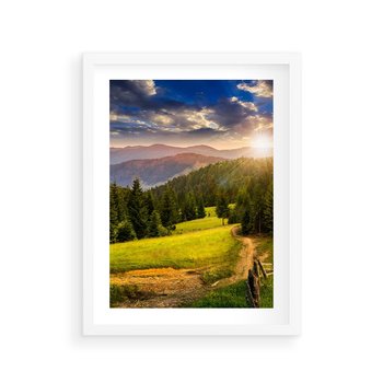 Plakat w ramie 40x50 - Zachód słońca na łące - zachód, łąka - rama biała