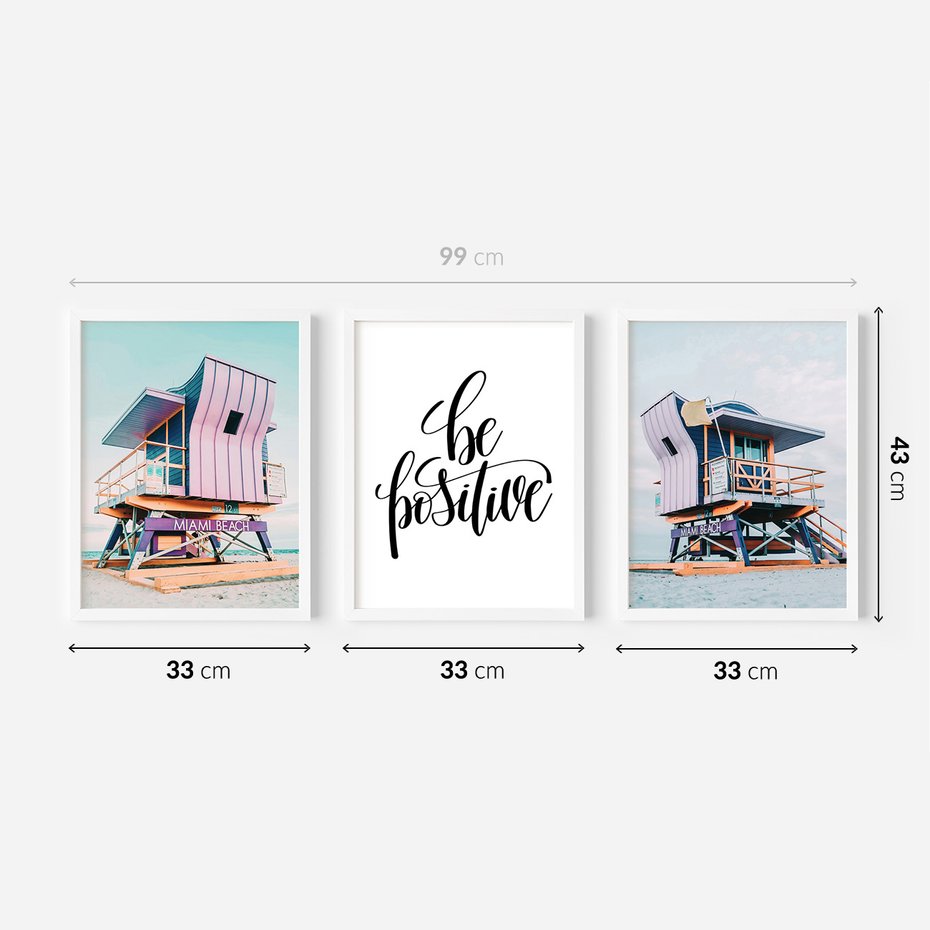 Zestaw obrazy w ramie 30x40 galeria - Be, positive, plaża, kolory - rama biała