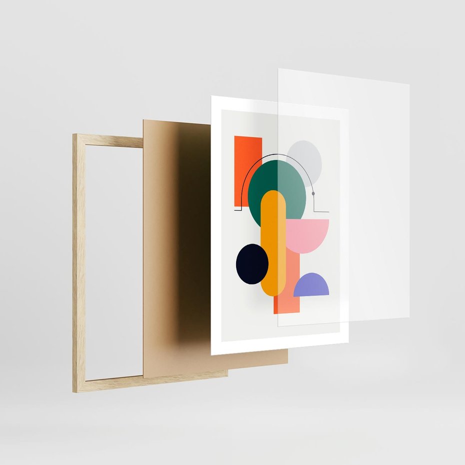 Plakat w ramie 50x70 - Harmonijne Przenikanie Form - nowoczesna sztuka, geometryczna kolorowa grafika - rama drewno