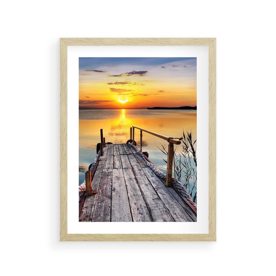 Plakat w ramie 30x40 - Zachód nad jeziorem z pomostem - pomost, jezioro - rama drewno