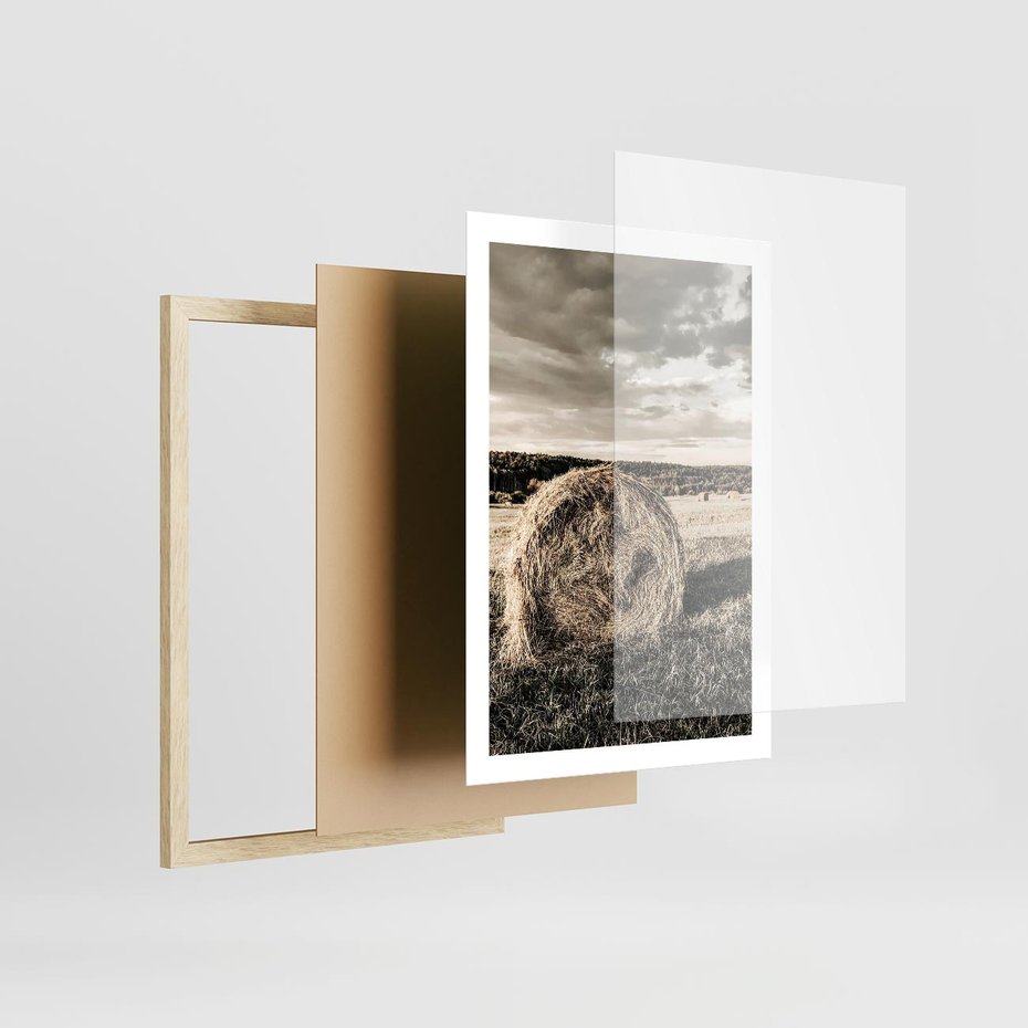 Plakat w ramie 50x70 - Ciepło Natury - snopki siana, pole - rama drewno