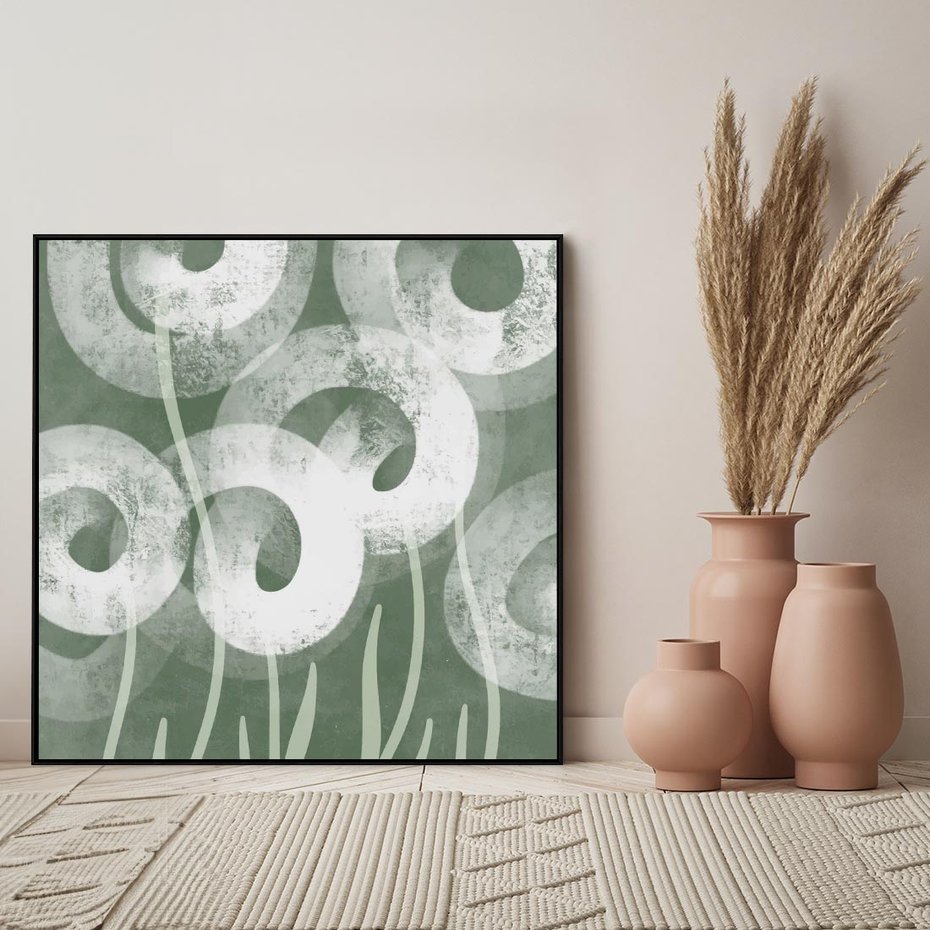 Obraz w ramie 50x50 - Spokojne Plamy Natury - zielony plakat, roślinne motywy - rama czarna