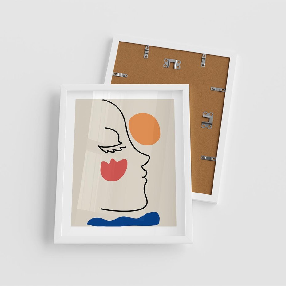 Plakat w ramie 40x50 - Taniec Przenikających Plam - abstrakcyjny obraz, przypomina twarz - rama biała