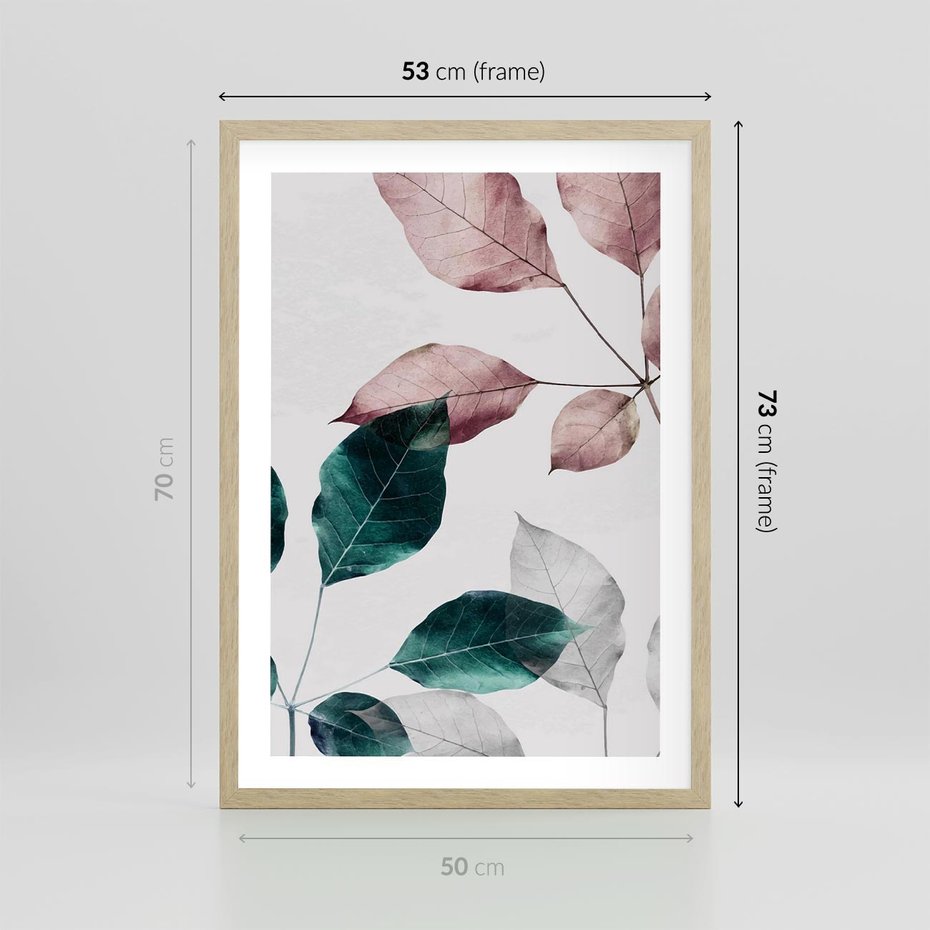 Plakat w ramie 50x70 - Pastelowe Liście w Minimalizmie - pastelowe liście, minimalistyczny obraz - rama drewno