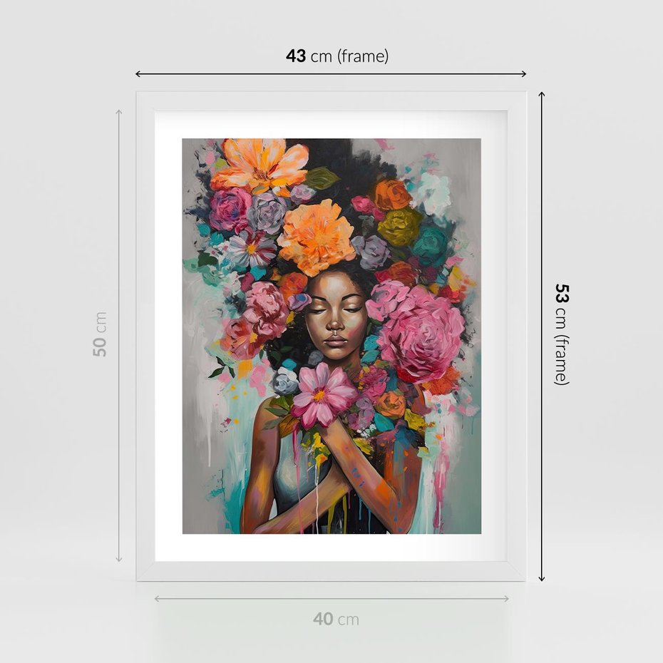 Plakat w ramie 40x50 - Z Głową w Kwiatach - obraz olejny, sztuka nowoczesna - rama biała