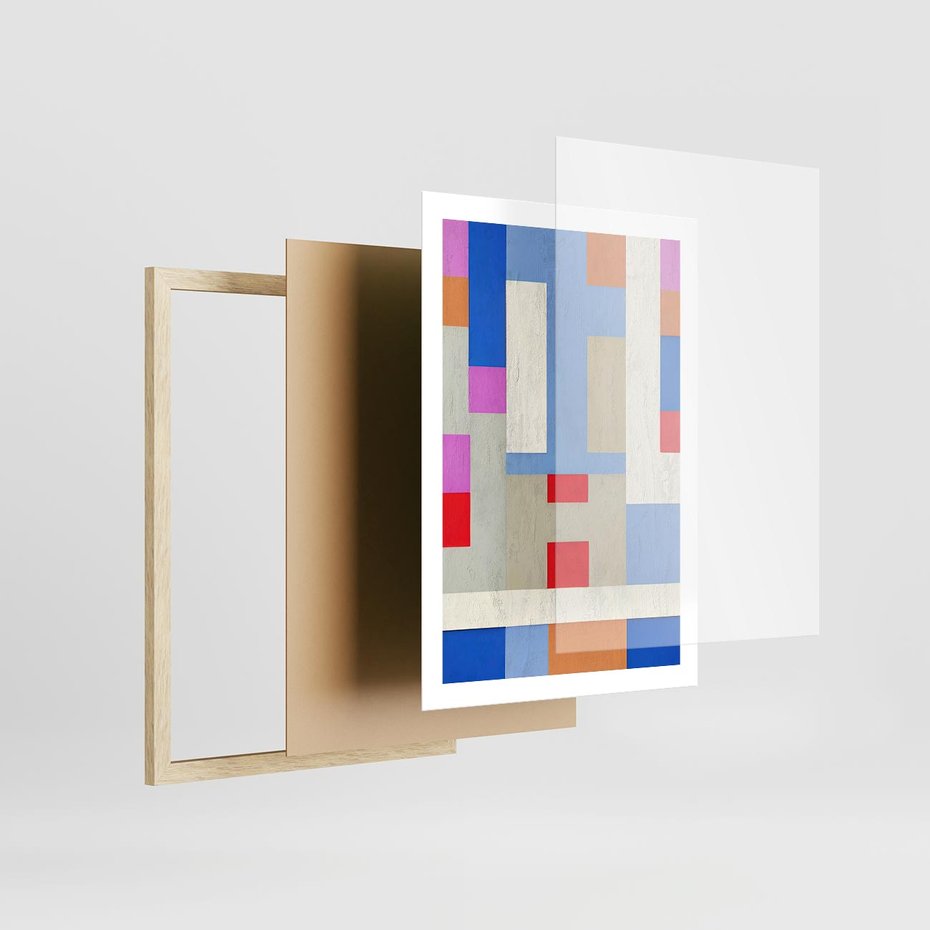 Plakat w ramie 50x70 - Bezczasowe Przenikanie Kształtów - abstrakcyjne geometryczne kształty, olejny obraz - rama drewno