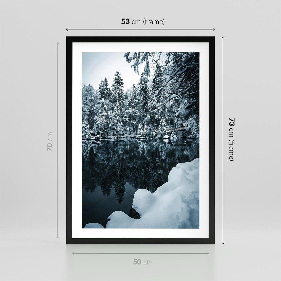 Plakat w ramie 50x70 - Zima nad Jeziorem - krajobraz zimowy, jezioro - rama czarna
