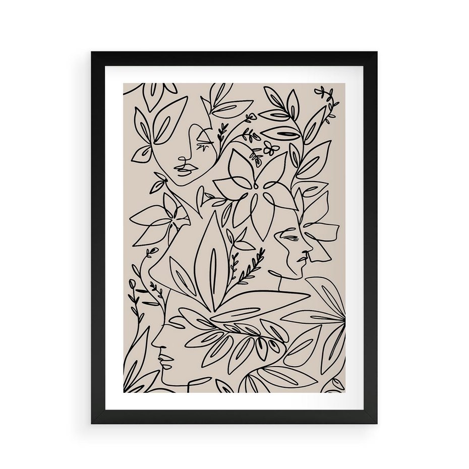 Plakat w ramie 50x70 - Kobiecy Portret Duszy - beżowe tło, czarny szkic nowoczesnych kwiatów - rama czarna