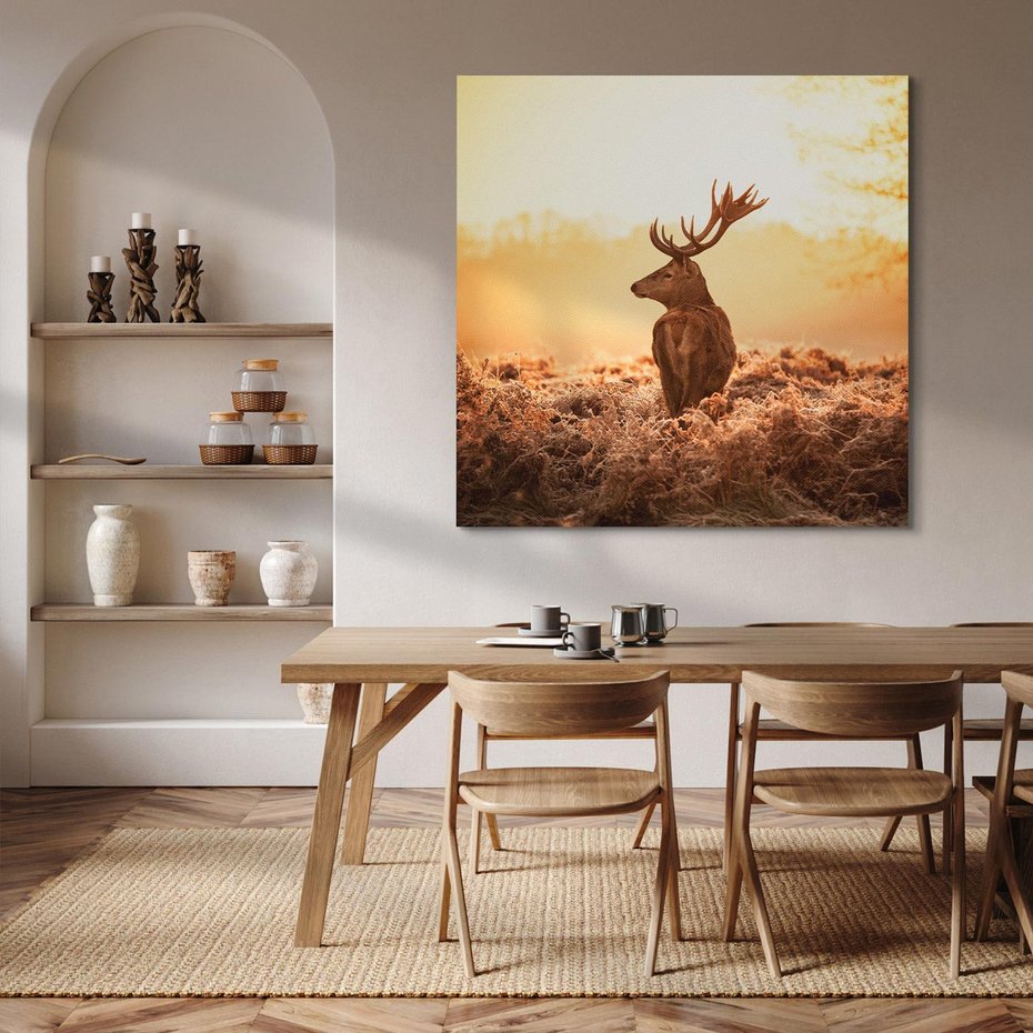Obraz na płótnie 70x70 - Magia jesiennego słońca: Jeleń w promieniach - jeleń, jesień