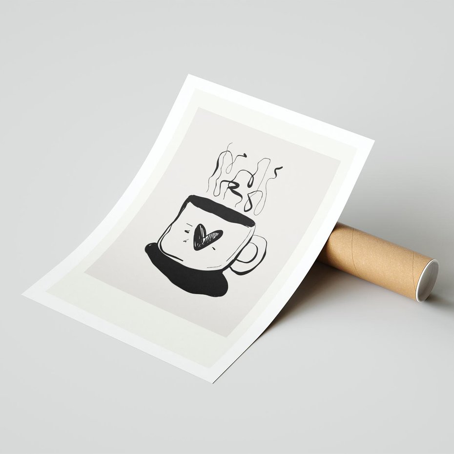 Plakat bez ramy 21x30 - Grafika Kubka w Czerni i Bieli - kubek, grafika