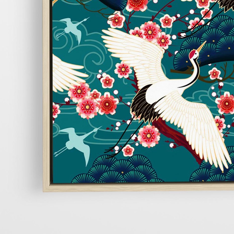 Obraz w ramie 70x50 - Żurawie Wachlarze - orientalne japońskie żurawie, grafika - rama drewno