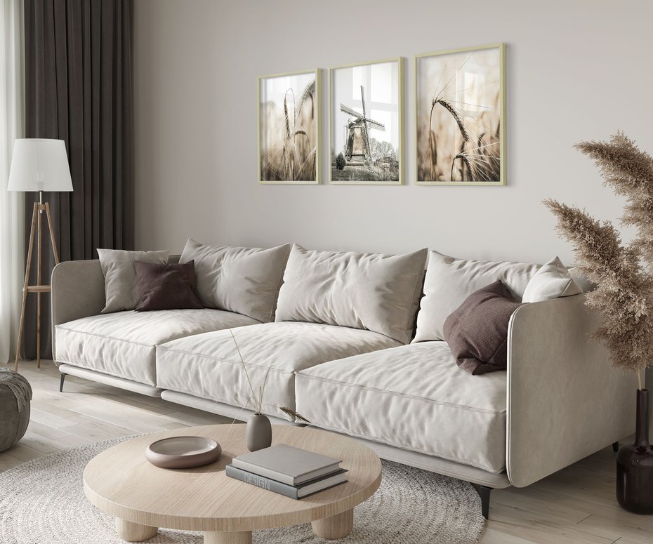 Zestaw obrazy w ramie 30x40 galeria - Pola, pszenicy, młyn, rustykalnie - rama drewno