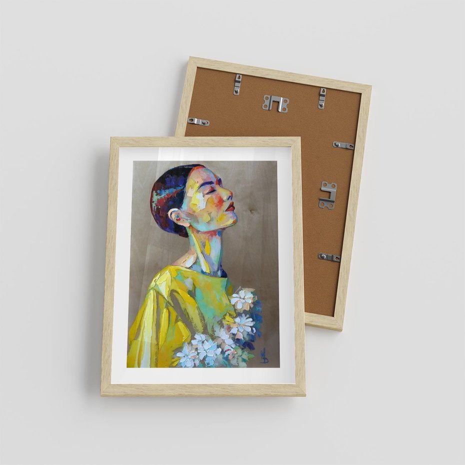 Plakat w ramie 30x40 - W Żółtej Sukience - olejny abstrakcyjny obraz, portret kobiety w żółtej sukience - rama drewno