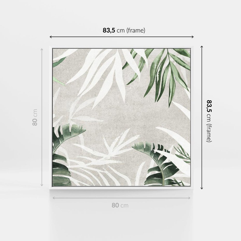 Obraz w ramie 80x80 - Zielony Raj - monstera, palmy - rama biała
