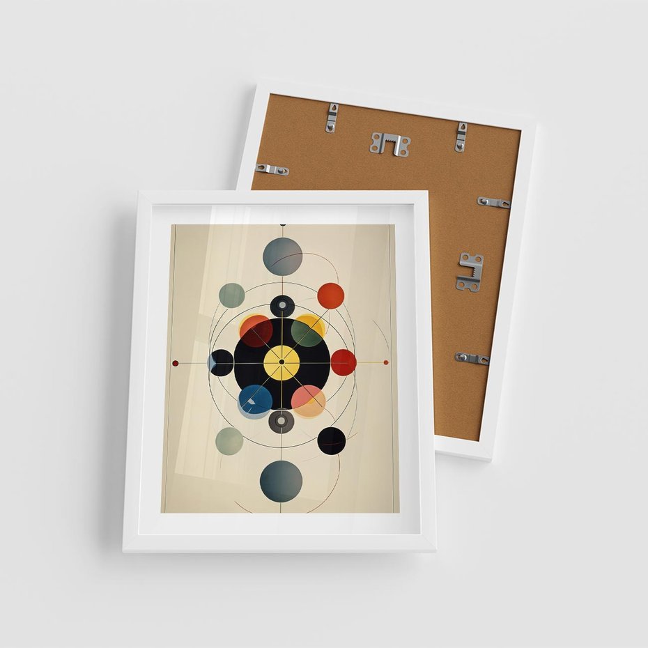 Plakat w ramie 40x50 - Bezgraniczny Taniec Światła - abstrakcyjna geometryczna kompozycja, koła linie - rama biała