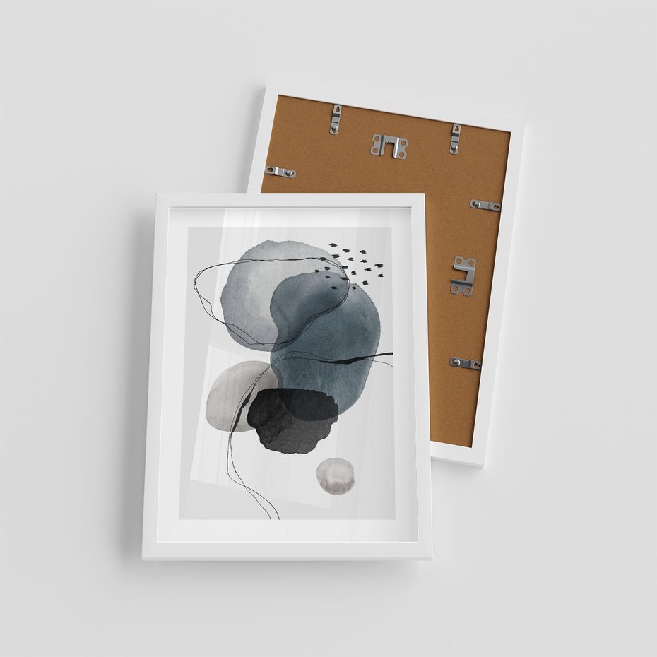 Plakat w ramie 30x40 - Wibracje Kształtów - abstrakcyjne plamy akwarelowe, czarny szkic - rama biała