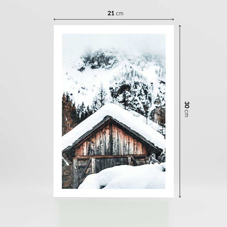 Plakat bez ramy 21x30 - Domek w Górach w Białym Odcieniu - zima, domek w górach