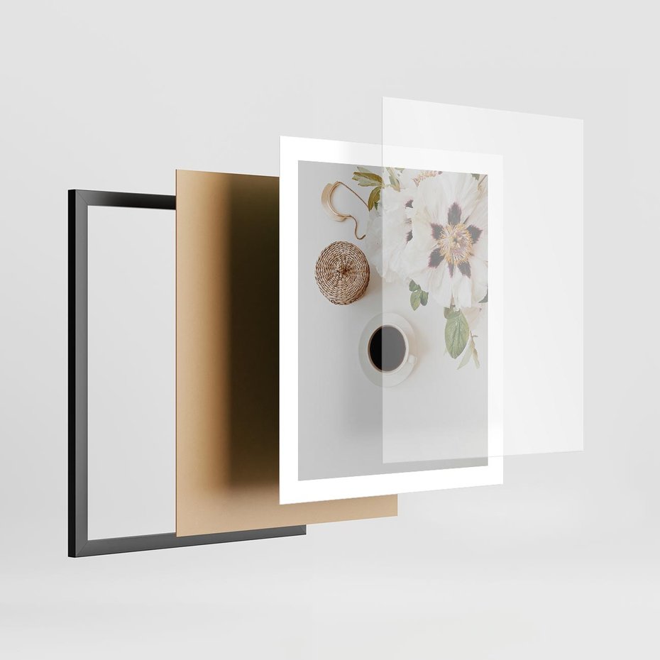 Plakat w ramie 40x50 - Bukiet Kwiatów i Kawa na Stole - fotografia, na stole bukiet - rama czarna