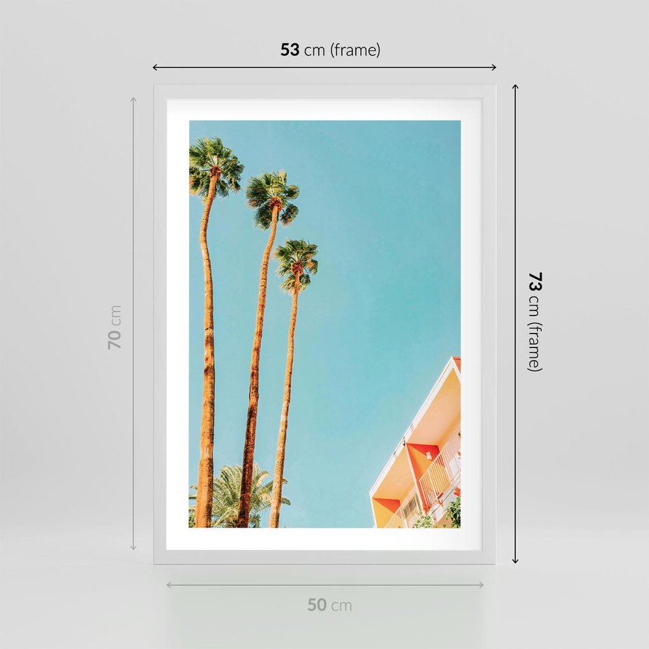 Plakat w ramie 50x70 - Letnie Marzenia - palmy, na tle nieba - rama biała