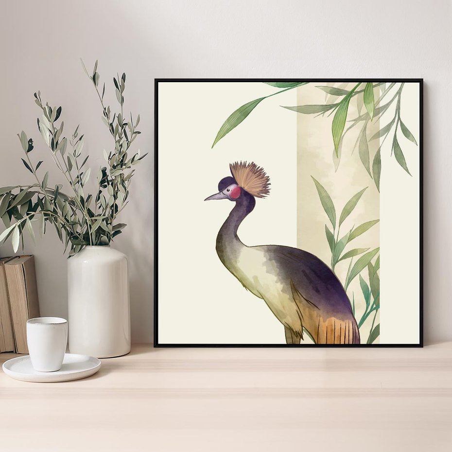 Obraz w ramie 50x50 - Kwiatowa Ekspresja - japońska sztuka, ptak - rama czarna