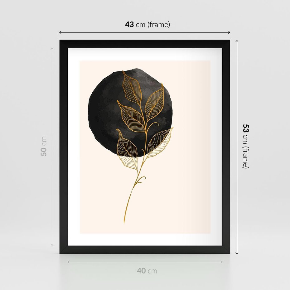 Plakat w ramie 40x50 - Złoty Liść na Czarnej Plamie - grafika, złoty liść - rama czarna