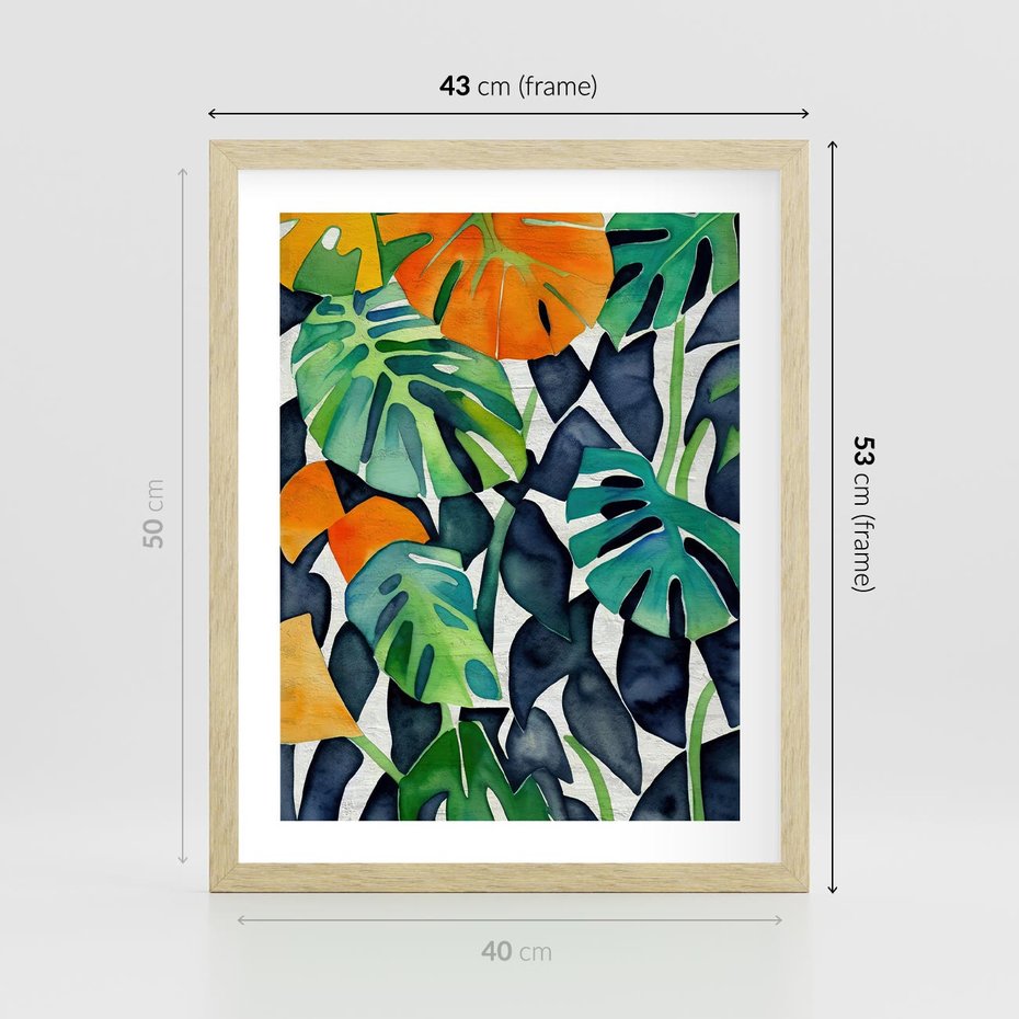 Plakat w ramie 40x50 - Tropikalne Pragnienia - akwarela, liście tropikalne - rama drewno