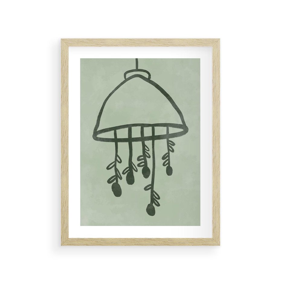 Plakat w ramie 30x40 - Zieleń Inspirującego Spokoju - plakat z abstrakcyjną zieloną lampą, skandynawski design - rama drewno