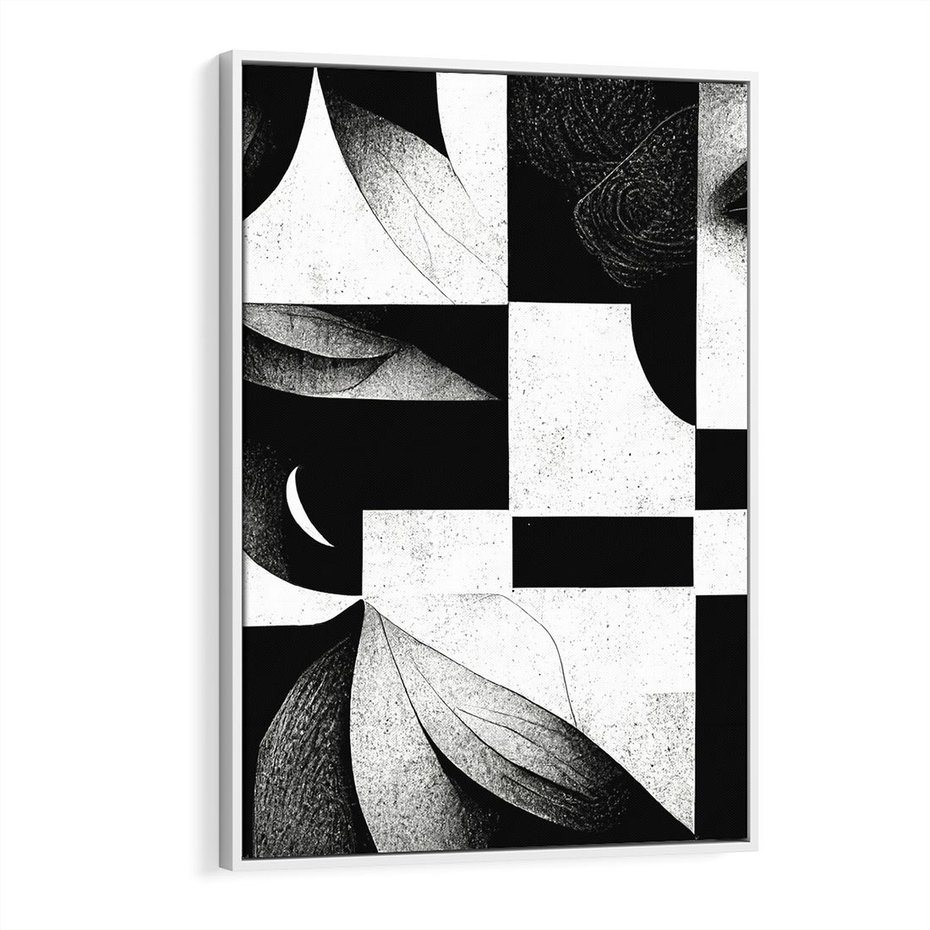 Obraz w ramie 70x100 - Harmonia świateł i cieni - abstrakcja czarno biała, geometria - rama biała