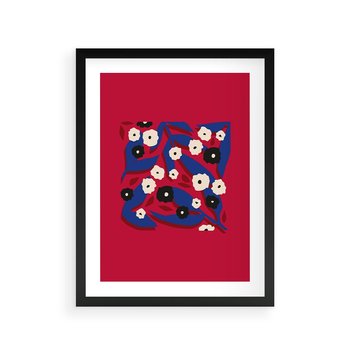 Plakat w ramie 50x70 - Kolorowe Przenikanie - abstrakcyjna kwiatowa kompozycja, czerwone mocne tło - rama czarna
