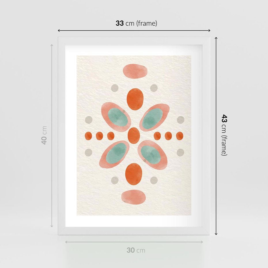 Plakat w ramie 30x40 - Symfonia Natury - abstrakcyjne plamy w odcieniach pomarańczowym, kropki plamki - rama biała