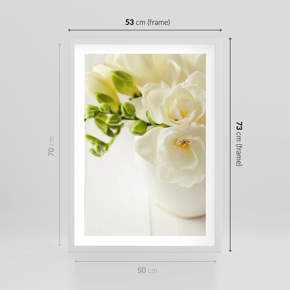 Plakat w ramie 50x70 - Subtelność białych frezji - frezja, białe - rama biała