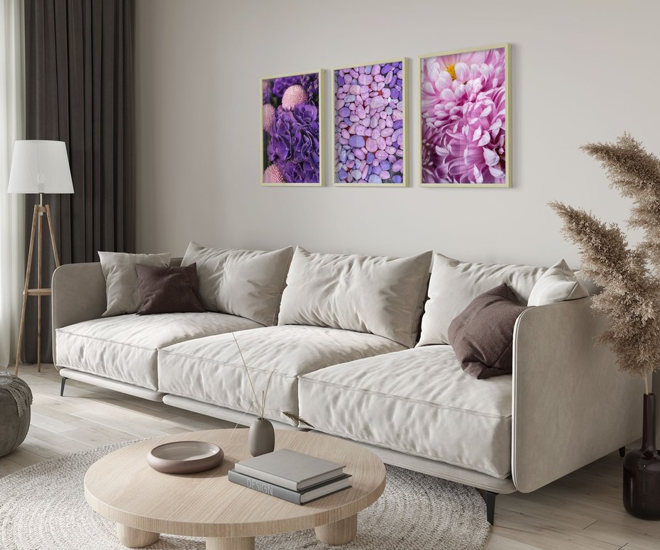 Zestaw obrazy w ramie 30x40 galeria - Fiolet, kwiaty, hortensja, wrzosy - rama drewno